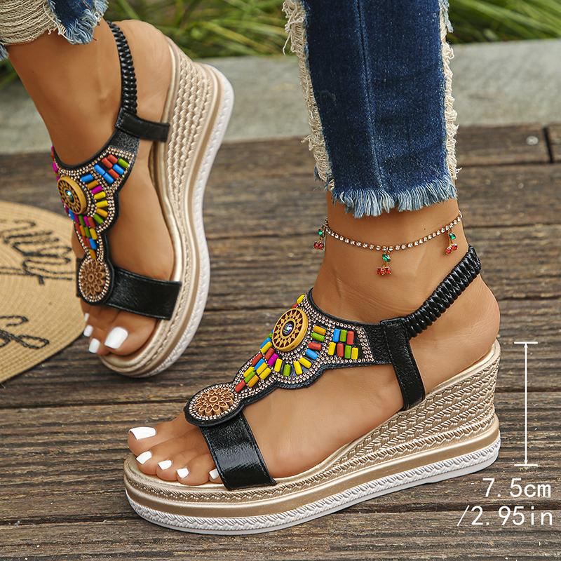 Fashion Bohemian Style Chunky Platform Sandals Women 2025 String Bead Wedges Sandles Woman Plus Size Slip On Gladiator Sandals Female