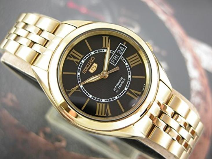 SEIKO 5 Men's Mechanical Automatic Watch SNKL40K1 Black Dial, Gold-Plated Stainless Steel Case and Bracelet, 38mm, Day-Date