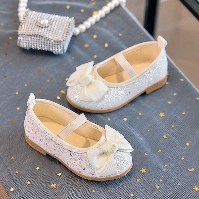 Spring and Autumn Girls' Fashionable Shallow Mouth Sequined Bow Breathable and Comfortable Soft-soled Leather Shoes