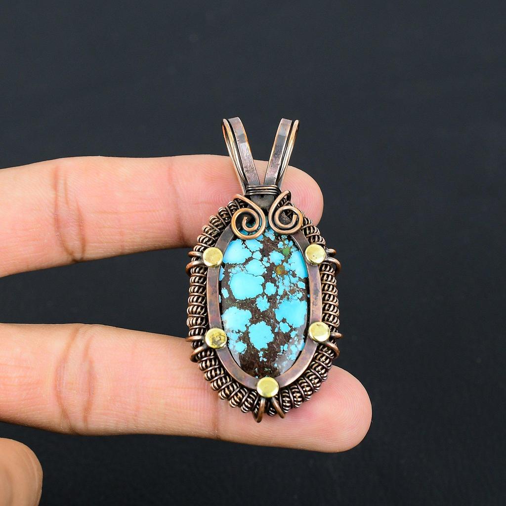 Тибетский бирюзовый драгоценный камень Чистая медная проволока Обернутая ювелирная подвеска ручной работы