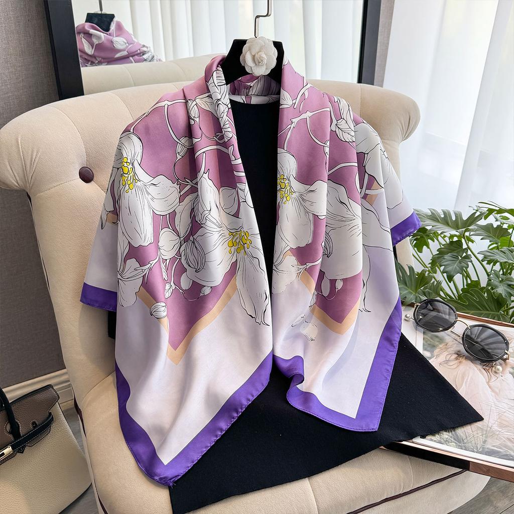Spring And Summer 90Cm Silk Scarf Women'S Satin Printing Imitation Silk Scarf Large Square Scarf Temperament Shawl Bag Headscarf