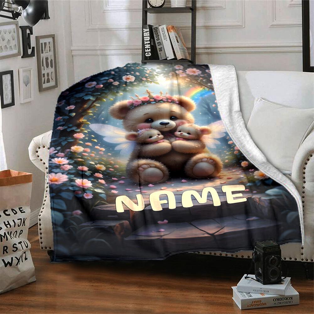 Cute Teddy Bears With Fairy Wings In A Magical Garden With Flowers And A Rainbow Cozy Customizable Blanket Personalized Name Soft Warm Cozy Suitable