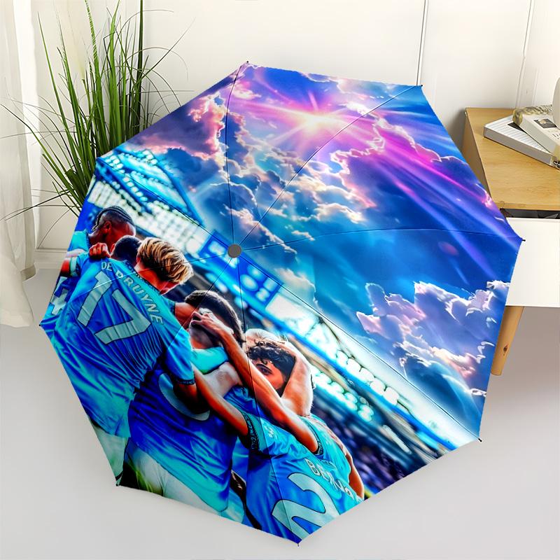 1 PC Automatic Folding Umbrella - Manchester City Fc Pulse Pattern Portable Foldable Design With 8 Ribs Christmas Birthday Gifts