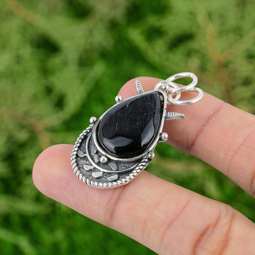 925 Sterling Silver Pear Black Tiger's Eye Gemstone Wife Bezel Pendant Jewelry