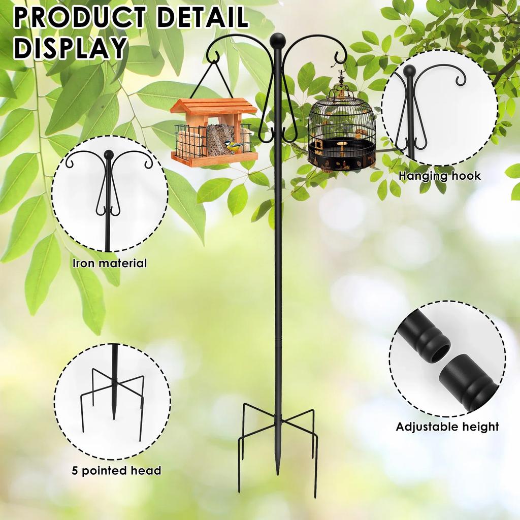 Double Shepherd Hooks 76inch Metal Bird Feeder Pole with 5 Prongs Base Adjustable Shepherd Crook Garden Hooks for Outdoor Decor