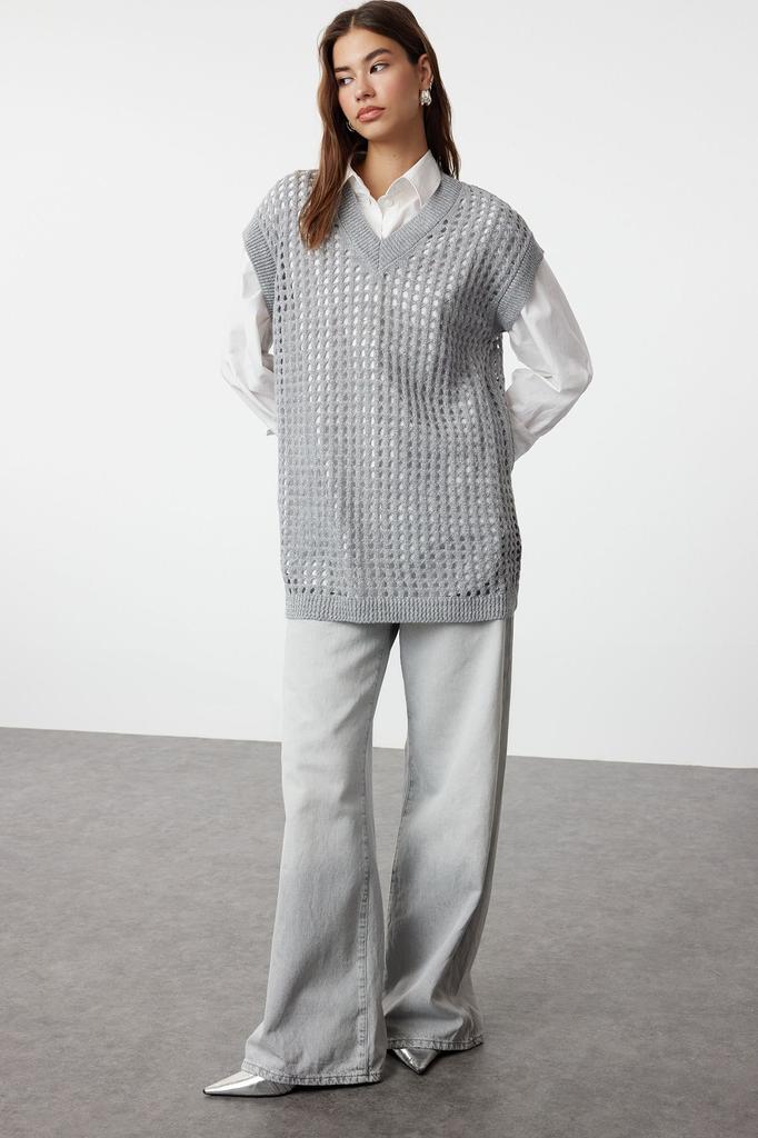 Women's Fashionable Stylish Hijab Sweater Gray Openwork Perforated Knitwear Sweater