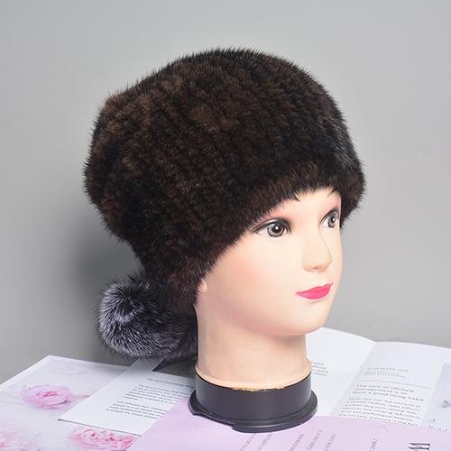 Natural Mink Fur Hat for Women New Winter Warm Hats with Balls Luxury Lady Knitted Stretch Real Mink Fur Christmas Hat