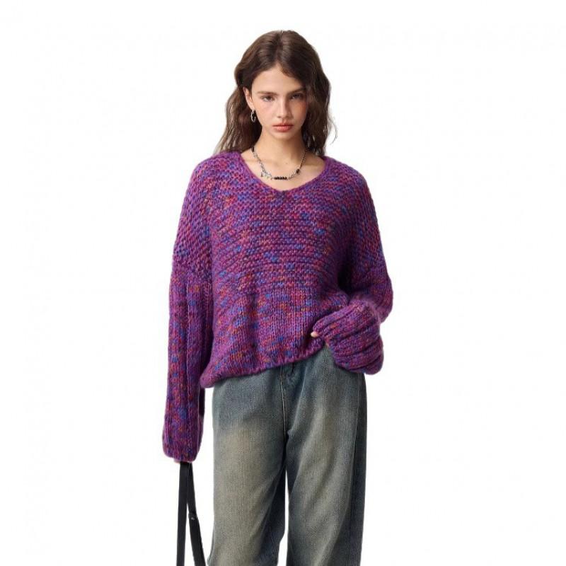 Womens Oversized V-Neck Knit Sweater In Mixed Color Streetwear Style Loose Fit Long Sleeve Fall 2025