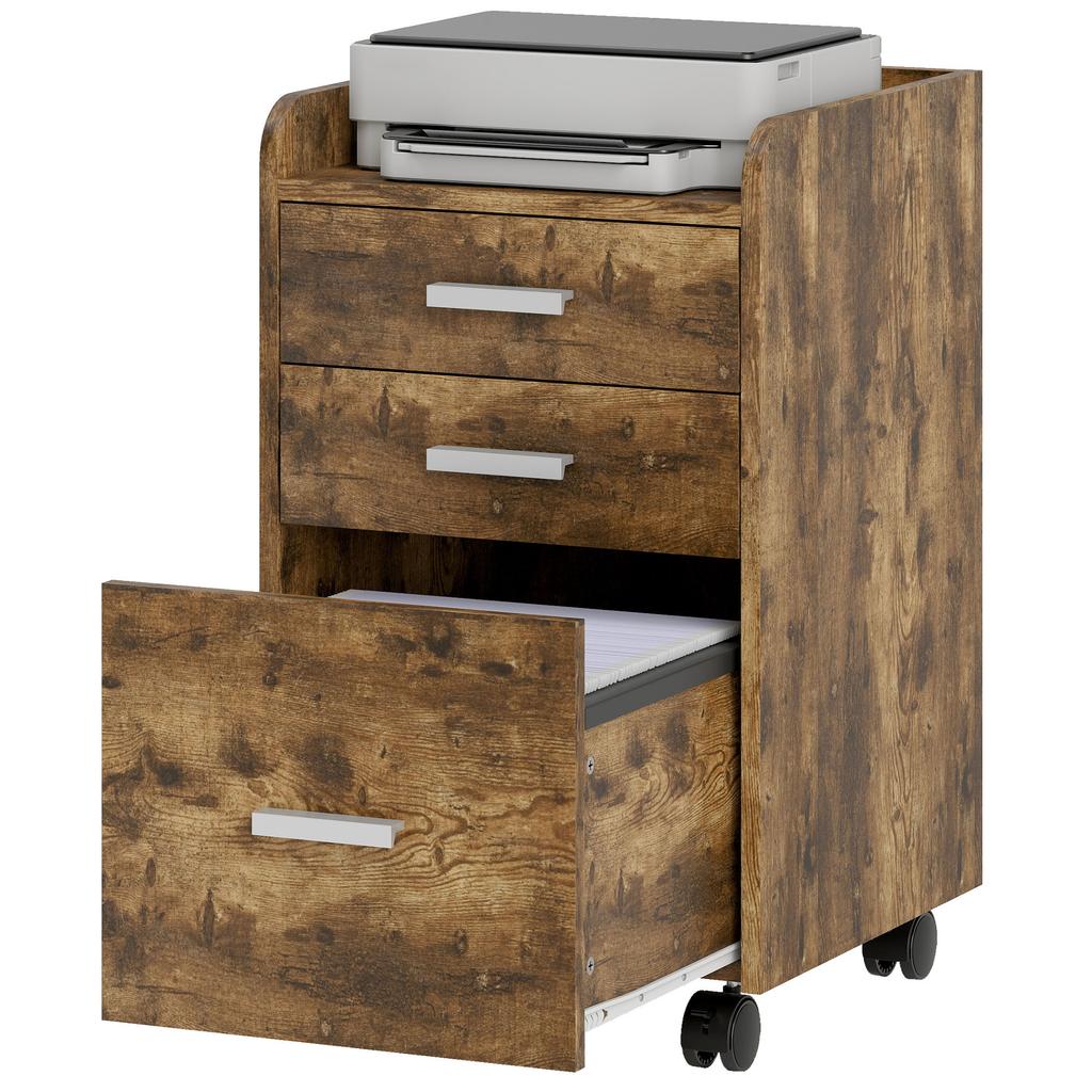 3 Drawer Filing Cabinet, Rolling File Cabinet with Edged Top for Letter, A4 Size, Hanging File Folders, Rustic Brown