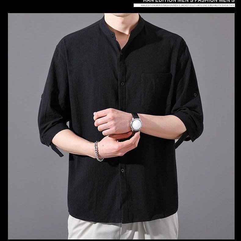 Men's Loose Casual Three-Quarter Sleeve Cotton and Linen Shirt
