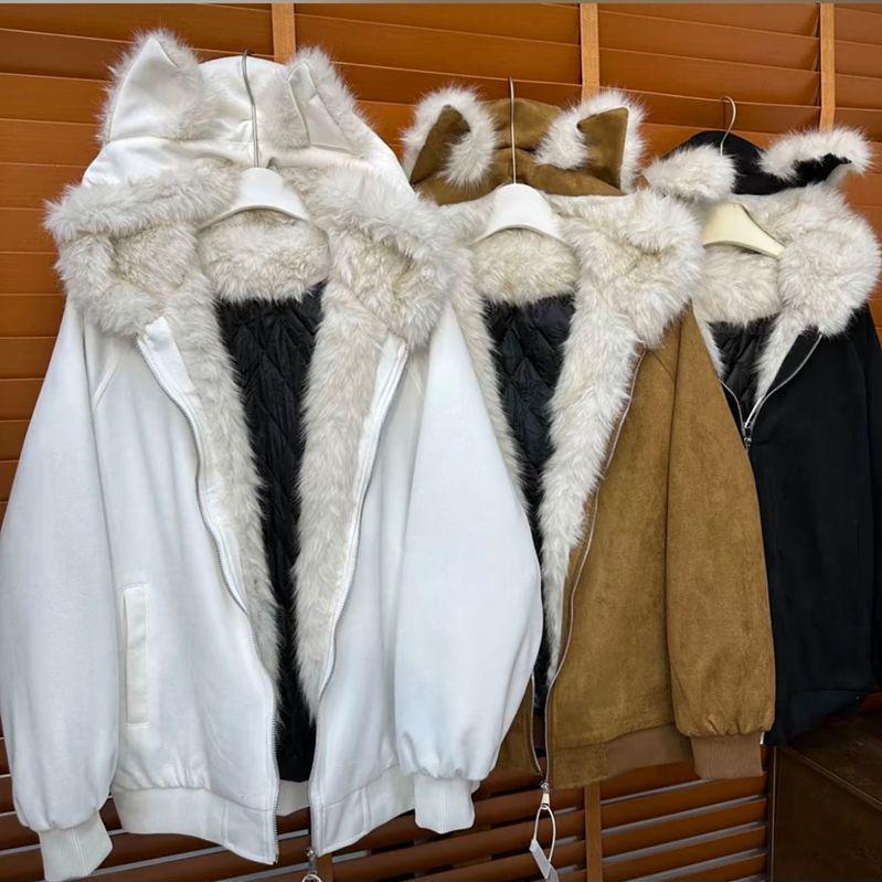 Унисекс Ретро Хлопковая Куртка с Кошачьими Ушками - Теплая, С Капюшоном и Модная Зимняя Одежда