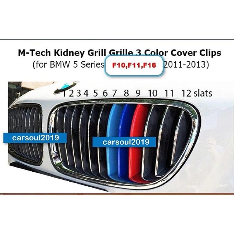 ABS 3-Color Grille Cover Strips Clip Trim For BMW F10 F11 5 Series Kidney Grill M-Sport 12 Bars Insert 2011-2013 Car Accessories
