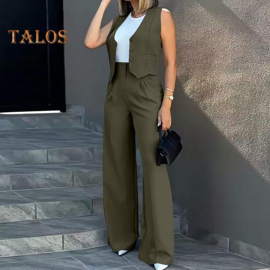 2 шт./компл. женский жилет и брюки, комплект в деловом стиле, однобортный топ без рукавов, с высокой талией, широкие брюки, однотонные брюки OL, коммутационная одежда