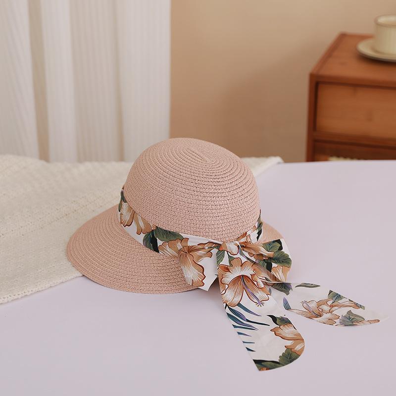 Flower Ribbon Bowknot Straw Hat Elegant Solid Color Sun Hat Trendy French Style Foldable Travel Beach Hats for Women Daily Use Summer Outdoor