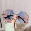 Oversized Rimless Luxury Brand Designer Diamond Flower Sunglasses Women For Female Vintage Popular Sun Glasses Punk Metal Shades