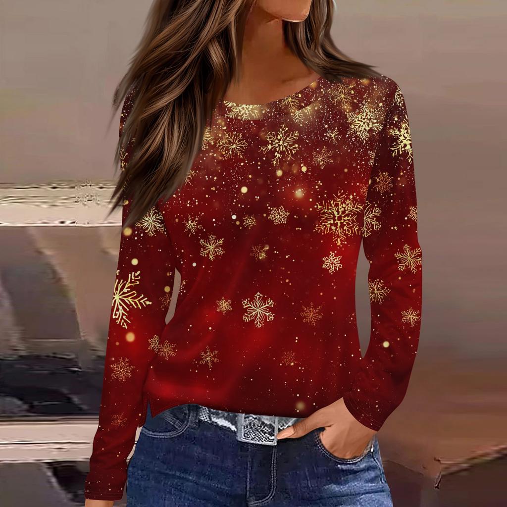 Женская модная повседневная футболка с разрезом по низу, круглым вырезом, длинными рукавами, свободного кроя, с рождественским принтом, женский топ