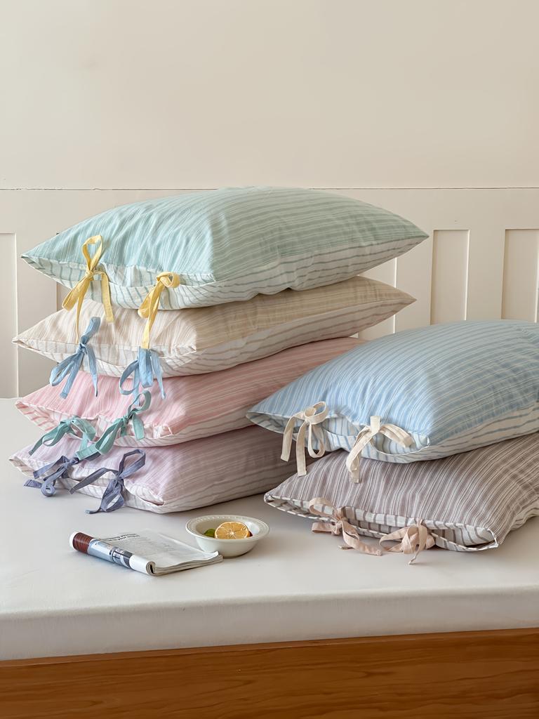 2 шт., Пара наволочек из 100% хлопка с бантом, Стандартный размер A, Светло-бежевый, Комфорт, приятный к коже, В полоску с бантом для декора, Подходит для гостиной