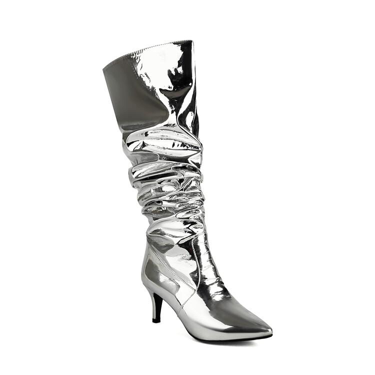 Модные европейско-американские лакированные плиссированные золотистые серебристые длинные сапоги женские 6,5 см высокий каблук короткий плюш до колена размер 32-48