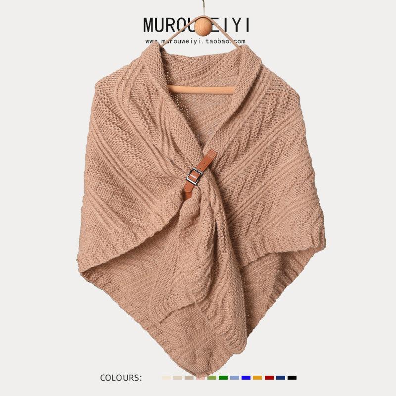 Women S Knitted Triangular Scarf With Buckle Dual Use As Shawl And Neck Warmer