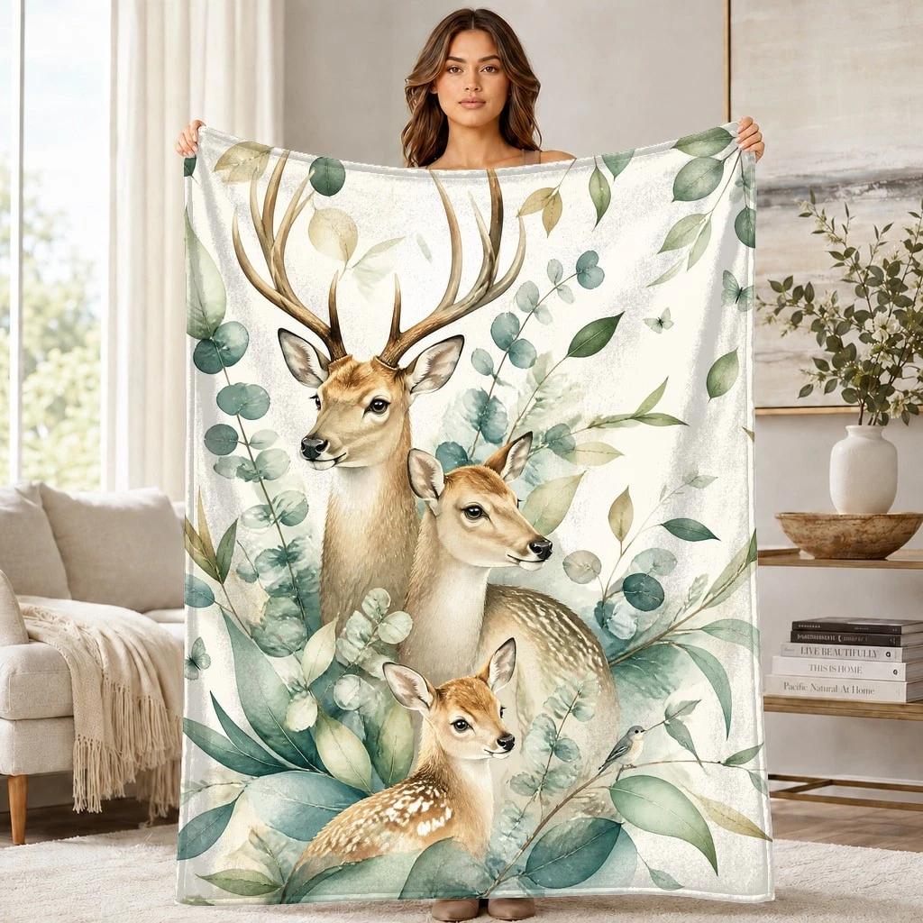 Woodland Deer Family Coral Fleece Blanket Forest Wildlife Decor