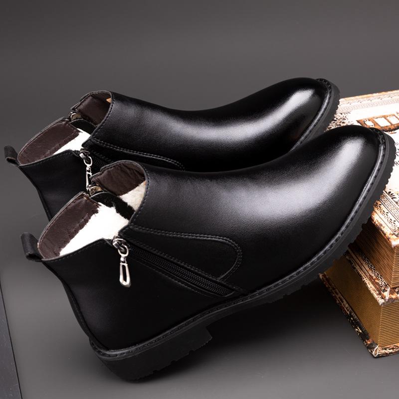 Men's New Winter Men's Cashmere Warm Chelsea Leather Shoes Business Casual High Top Cotton Shoes D560