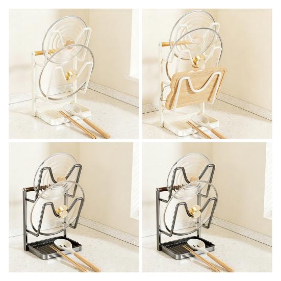 Yousheng Kitchen Pot Lid Storage Rack Carbon Steel Pot Lid Holder While Cooking Pot Lid Stand with Spoon Rest Removable Drip Tray for Countertop Pan