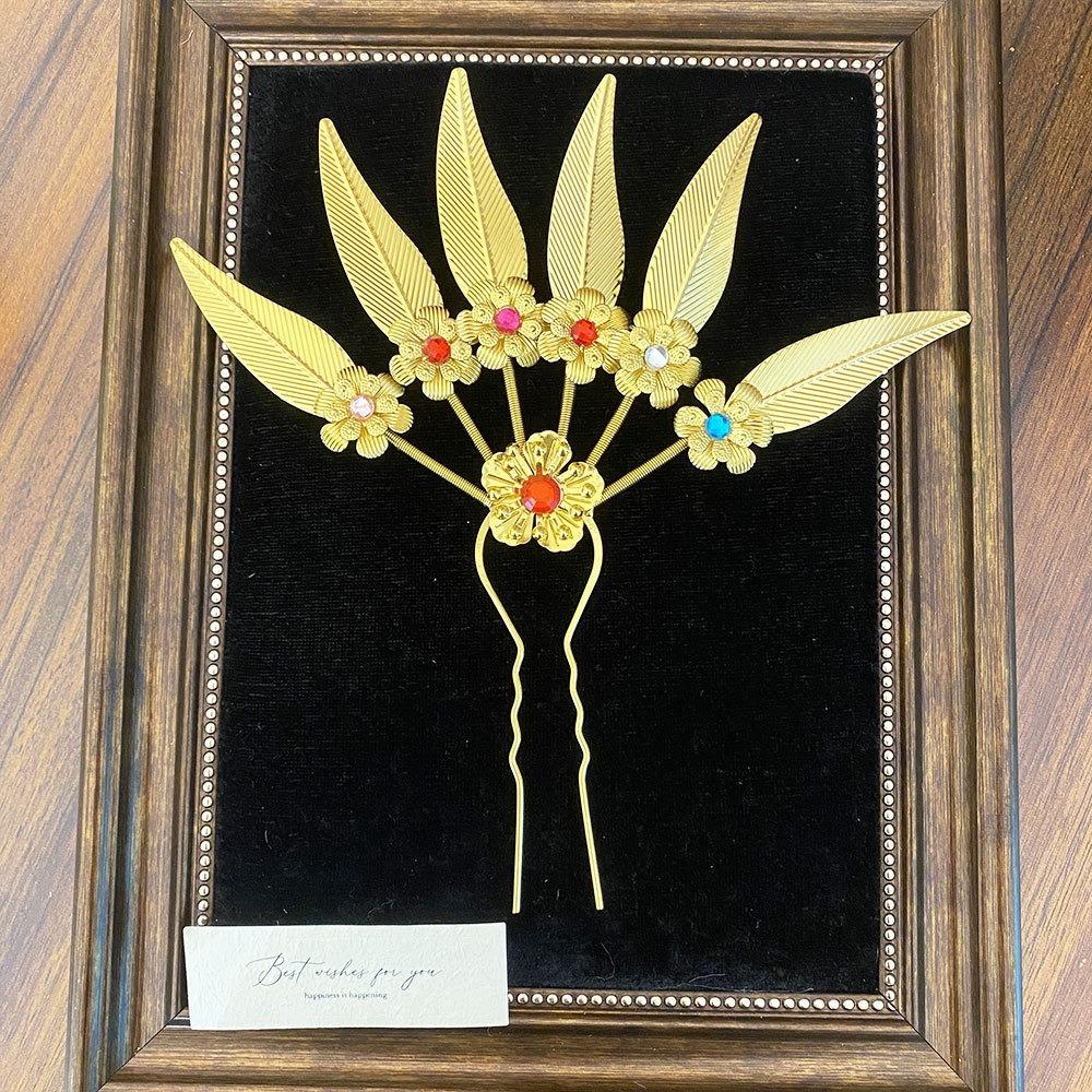 Flower Thai Hair Sticks Rhinestone Gold Hair Fork Antique Ethnic Style Hair Accessories  Hanfu