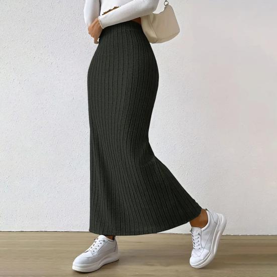 Maxi Skirt with Side Slits High-Waisted Ribbed Long Skirt Solid Color Hip Wrapped Autumn Winter Long Skirt