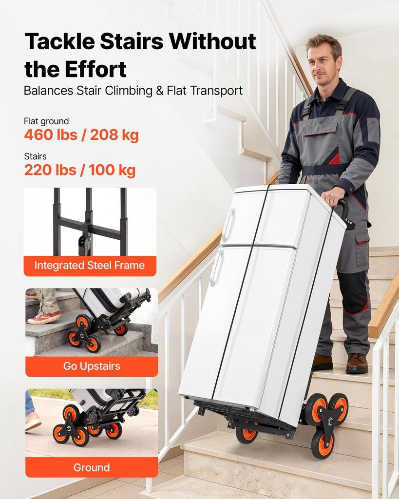 Stair Climbing Cart, 100 kg Stair-Climbing Capacity, Heavy-Duty Folding Trolley Cart with Telescoping Handle, 6 Wheels and 2 Bungee Cords, Stair