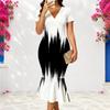 Women Plus Size V Neck Short Sleeve Black White Printed Fishtail Dress