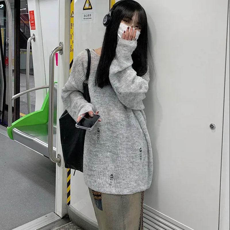 Серый вязаный ажурный свитер с защитой от солнца, женские свободные ветровые топы Y2K, тонкая верхняя одежда, пуловер, готические свитера