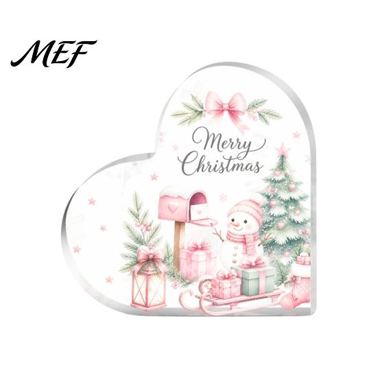 Christmas Table Decorations Heart Shaped Acrylic Tabletop Sign, 2D Winter Snow Scene Desktop Ornament Holiday Window with Santa, Snowman & Xmas House,