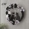 Halloween Floral Hanging Decoration Garland, with String Lights, Black Cat Silhouette Glow Moon Lights Wreath, for Front Door Indoor Outdoor