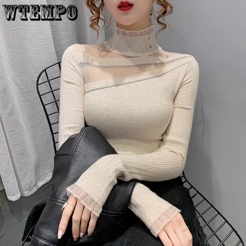 Autumn and Winter Pullover Women's Undercoat Lace Slim Fit Top Half High Collar Sweater