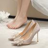 2024 spring and autumn new popular French silver wedding shoes rhinestone pointed high heels bow stiletto temperament single shoes