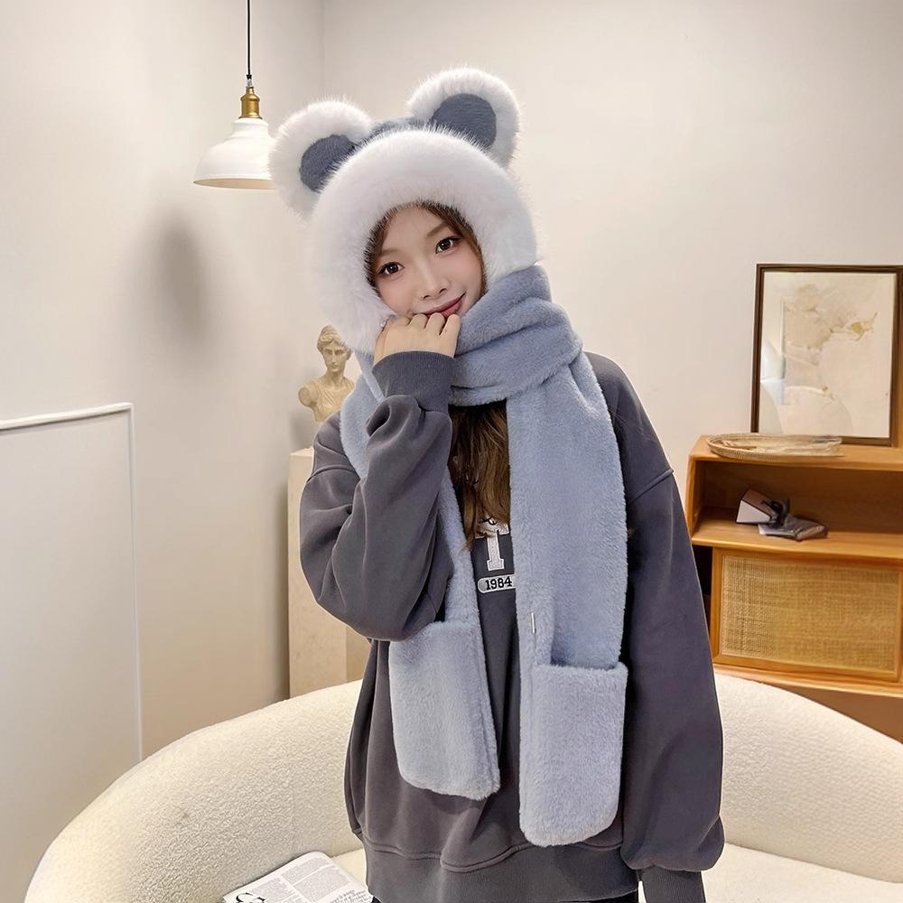 Rabbit Warm Hat Scarf Gloves Integrated Cute Autumn and Winter Stitch Plush Scarf Windproof Three-piece Female