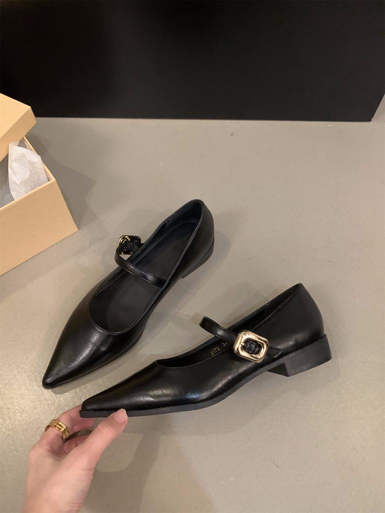 Low-heeled Black Temperament Mary Jane Single Shoes Women's Shoes 2025 New Spring and Autumn French Flat-bottomed Pointed Evening Shoes