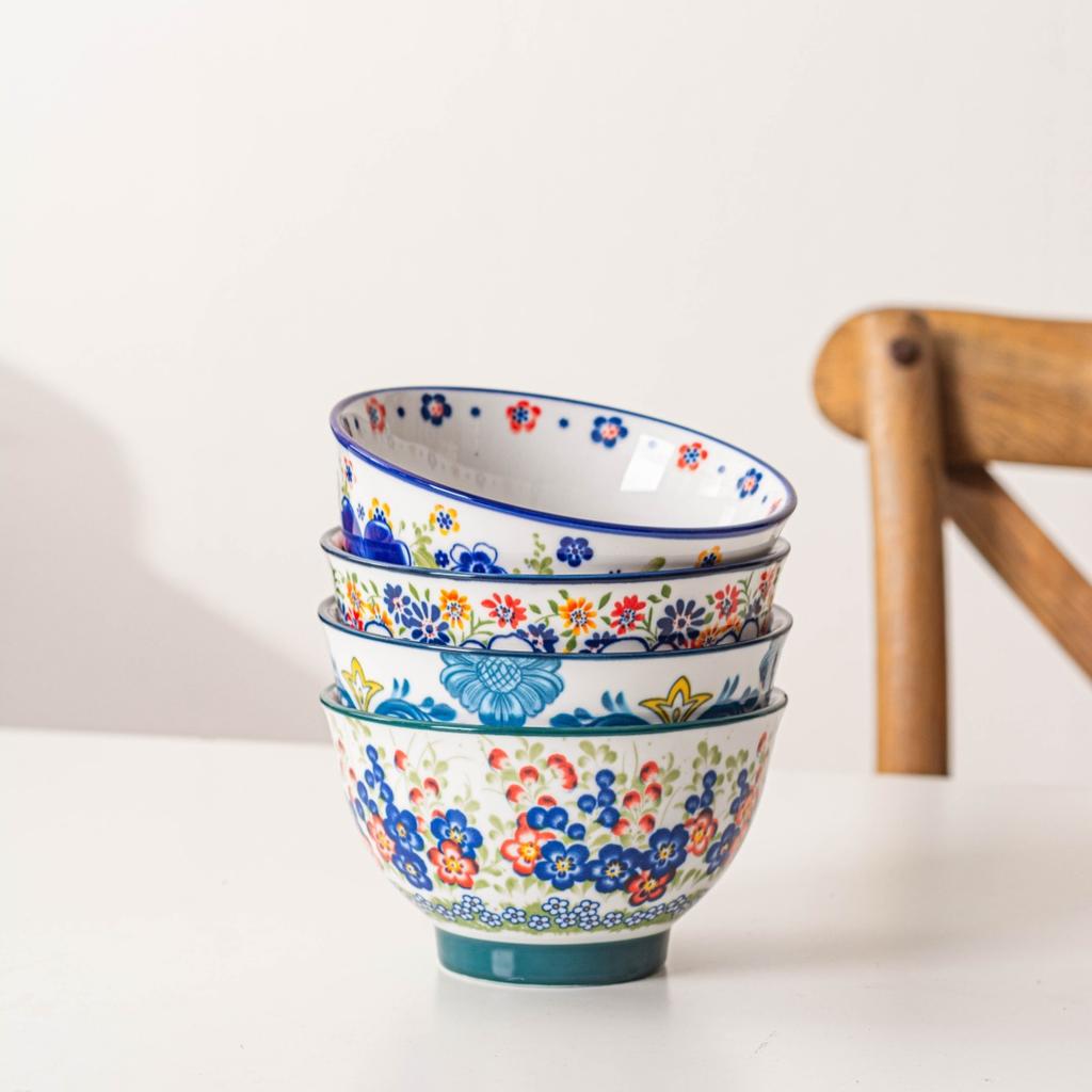 Винтажные польские рисовые миски - Набор из 4 шт., Керамические, Ручная роспись, Для супа, салата, йогурта