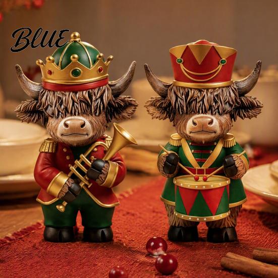 Rustic Holiday Fireplace Accents 2 Pcs Christmas Nutcracker Highland Cow Figurine Wooden Scottish Cattle Statue with Trumpet Winter Window