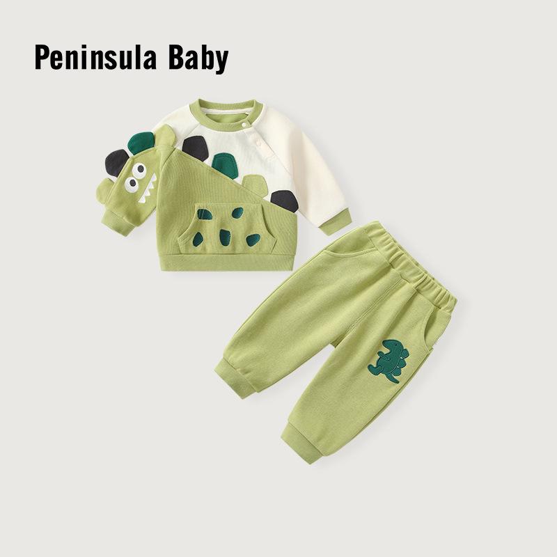 2025 Autumn Baby Boy Green Dinosaur Two-Piece Set: Long Sleeve & Pants for Casual Outings