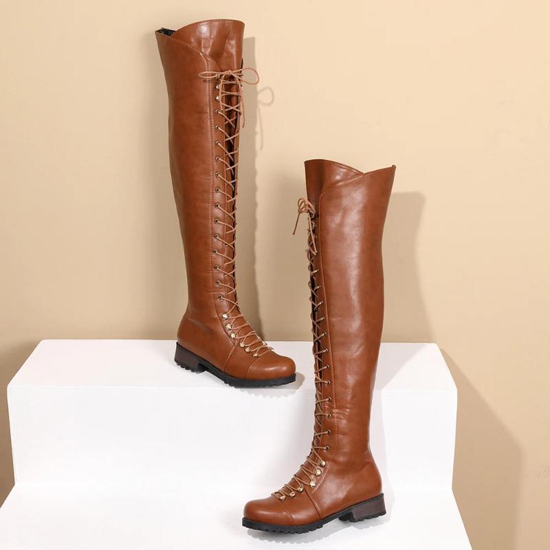 Мода Новые Ретро На шнуровке Женские Плоские Ботфорты для верховой езды Западные Ботфорты выше колена Модная женская обувь Круглый носок Длинные сапоги Зима 2025