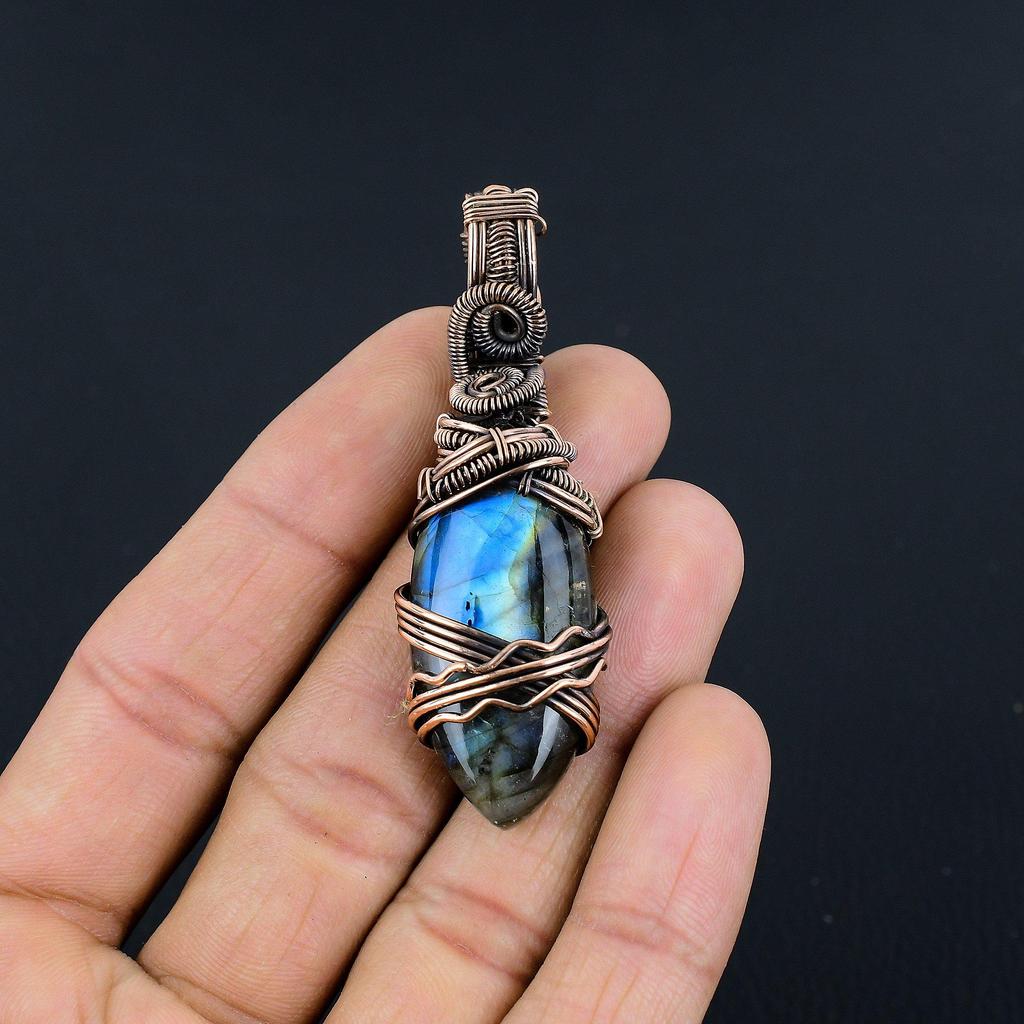 Labradorite Pendant, Handmade Gemstone 999 Copper Wire Wrapped Pendant Antique Jewelry, For Gift Silver Jewelry