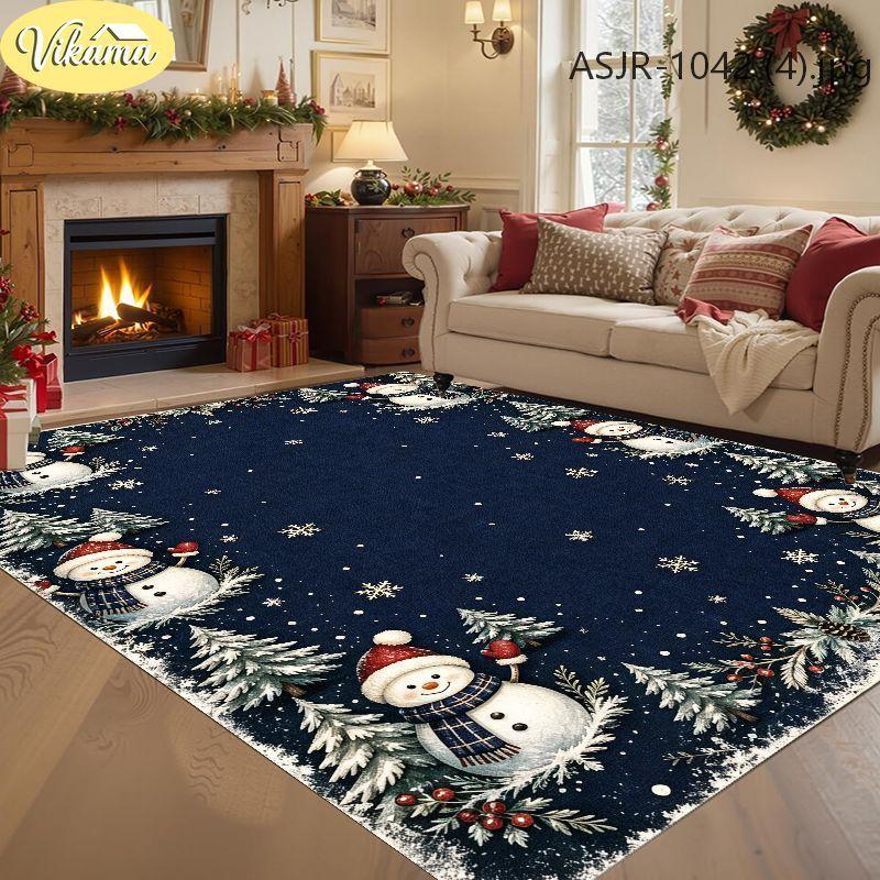 Christmas Living Room Rug Burgundy Snowman Pine Berry Border Print Soft Absorbent For Living Room Bedroom Dining Decor