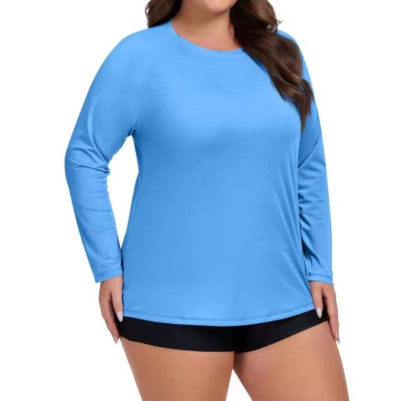 Plus Size Sport Sunscreen Top Women Summer Sunscreen Quick-drying Long-sleeved 3D T-shirt Round Neck Solid Color Breathable Tee