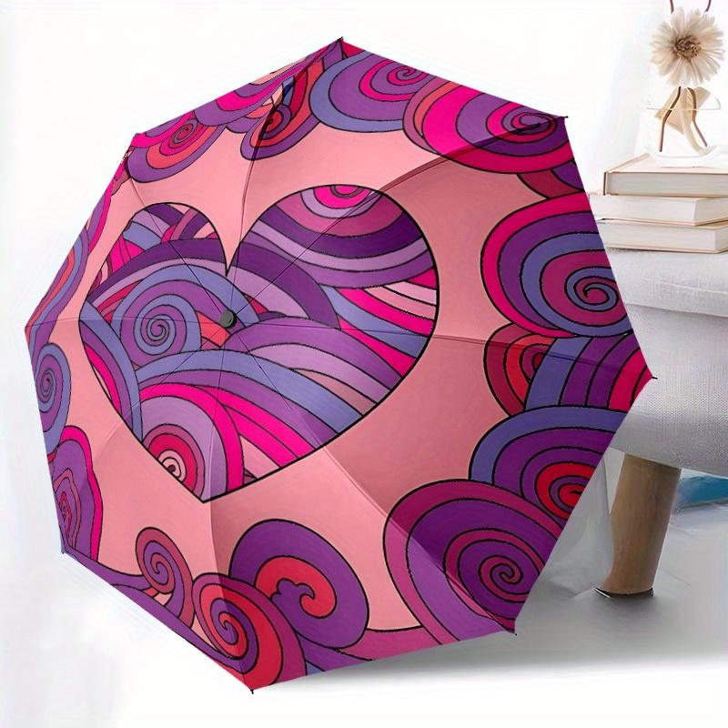1pc Heart Pattern Automatic Folding Umbrella - 8-Rib Iron Frame, Portable Sunshade with Plastic Handle yy250731289