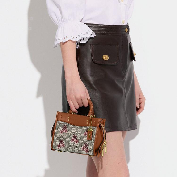 Coach Rogue 17 Monogram Heart Embroidered Fabric With Leather Handbag Shoulder Bag Crossbody Small Women handbags Monogram-Brown CB844-B4TA7