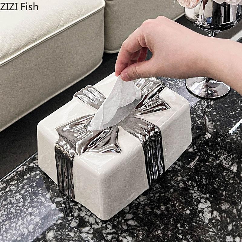 Легкая роскошная коробка для салфеток с бантом, керамическая коробка для салфеток для гостиной, ванной комнаты, украшение для дома, художественная коробка для хранения салфеток, подарок