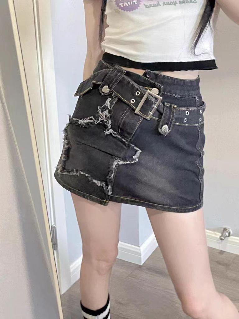 Y2K Hot Girl Black Denim Skort: Anti-Exposure Subculture Style with Irregular Hem