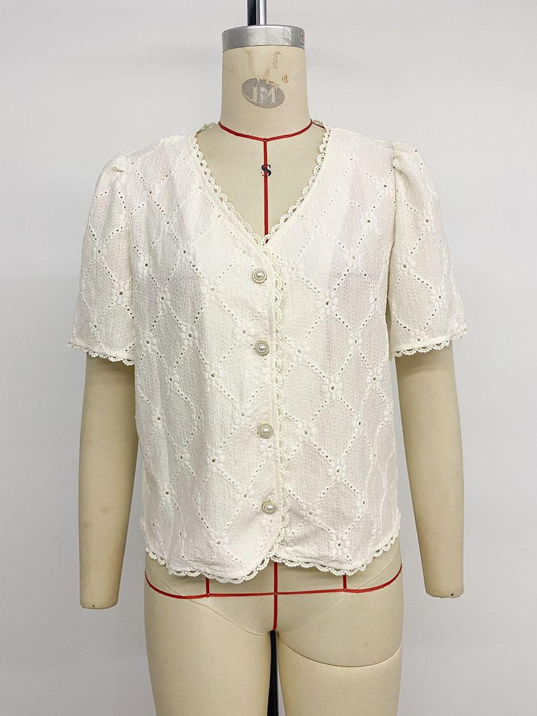 Женский топ с коротким рукавом, жаккардовый, с V-образным вырезом, кружевной, летний, 2026, европейский и американский стиль