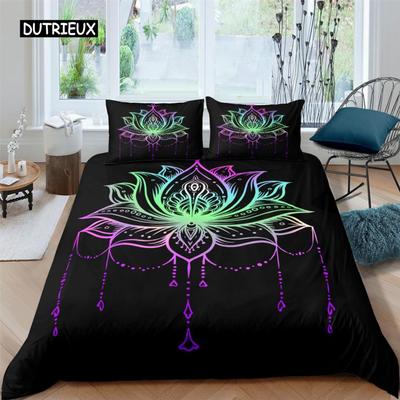 Комплект постельного белья из 2/3 предметов Bohemian Lotus, пододеяльник, пододеяльник с цветочным рисунком Mandala, черный полиэстер, комплект постельного белья для взрослых, размер Queen King Twin, подростков